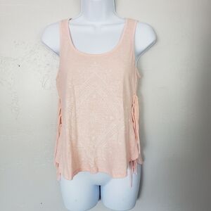 Full Tilt Peach Graphic Tank Top Fringe Sides XS